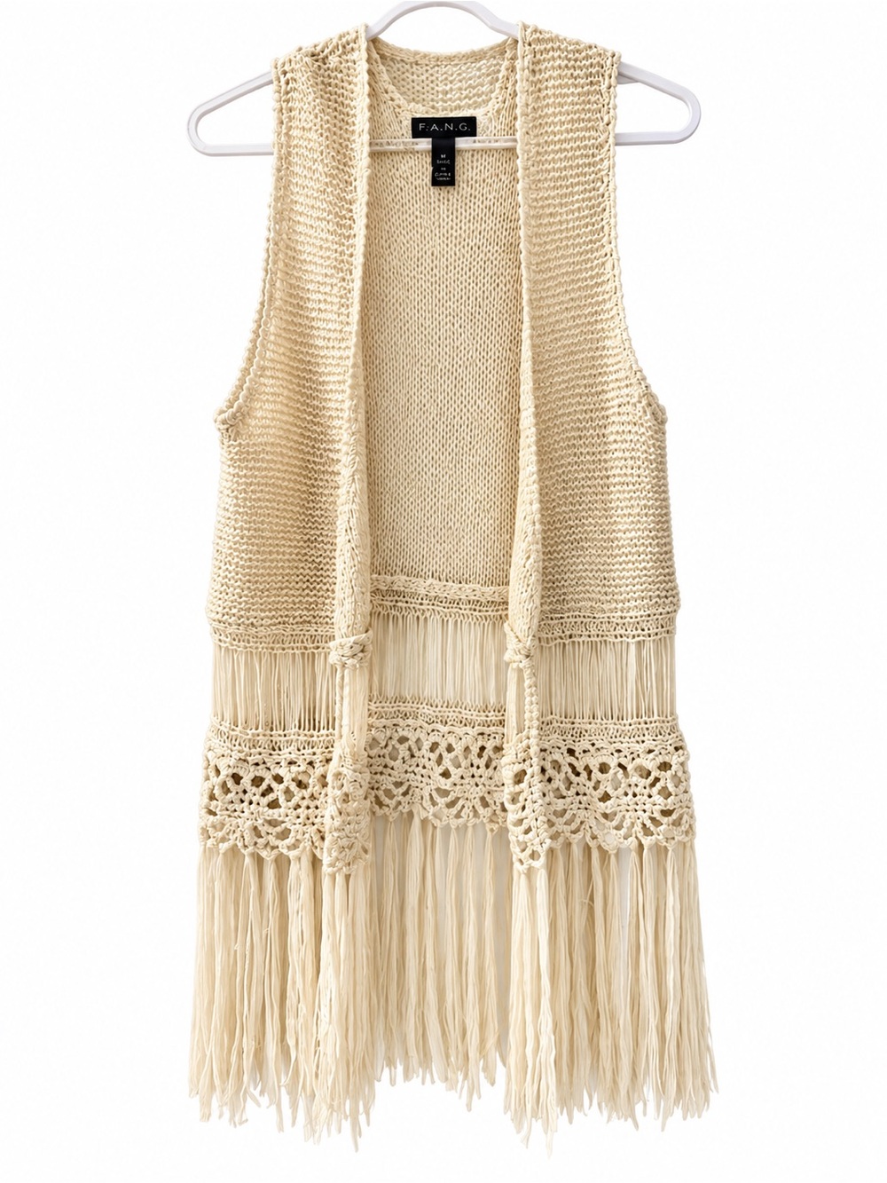 FANG Cream Crochet Fringe Boho Vest Women’s XL Fits M/L Festival Open Front
